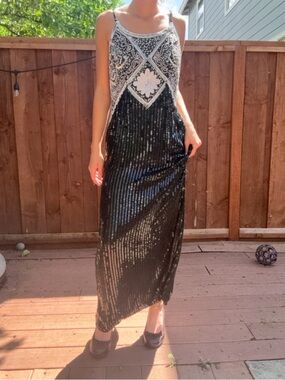 Laurence Kazar Black and White Sequin Maxi Dress